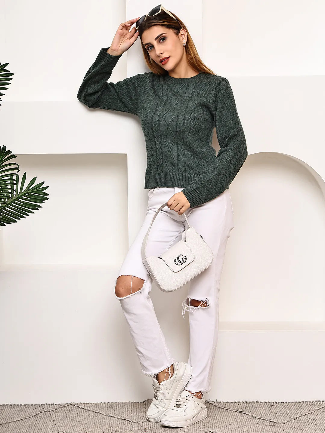Dark Green Cable-Knit Round Neck Top