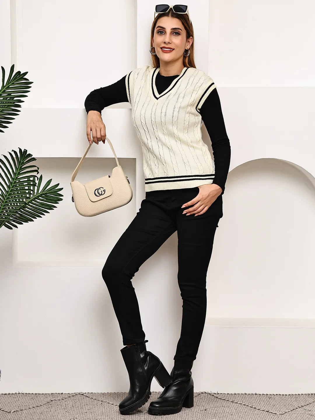 Cream Cable-Knit Varsity Sleeveless