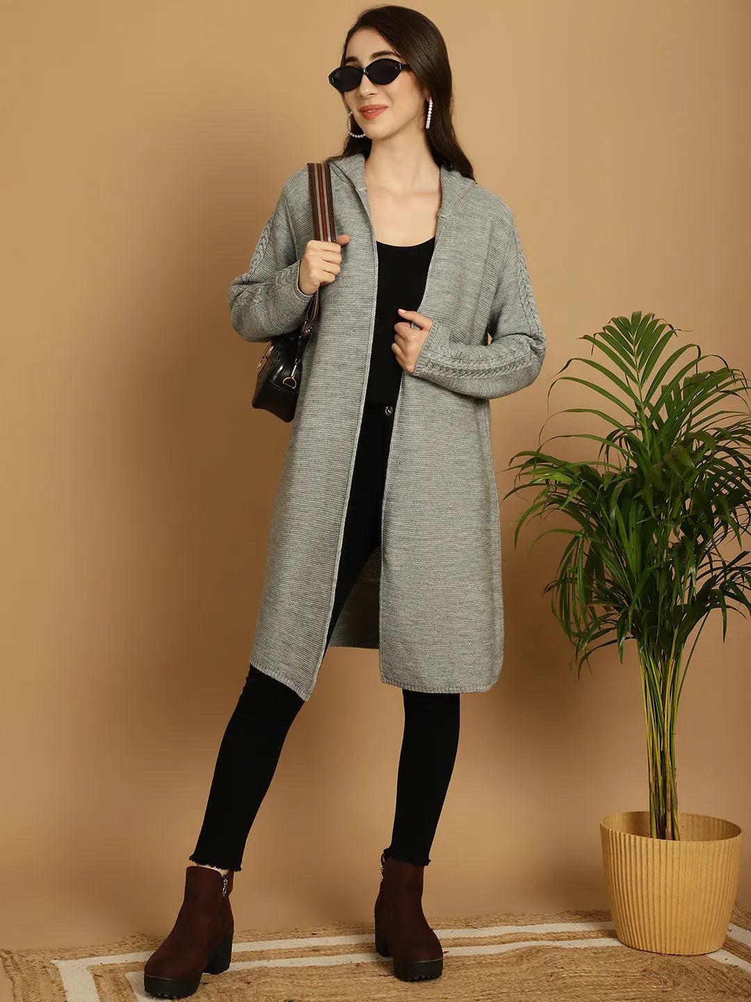 Heather Grey Cable-Knit Hoodie Shrug for Women