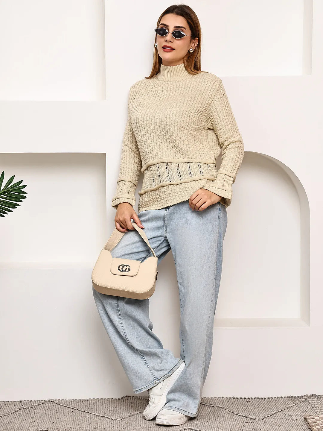 Cream High-Neck Cable Knit Sweater for Women – Soft Acrylic, Stylish Self-Design