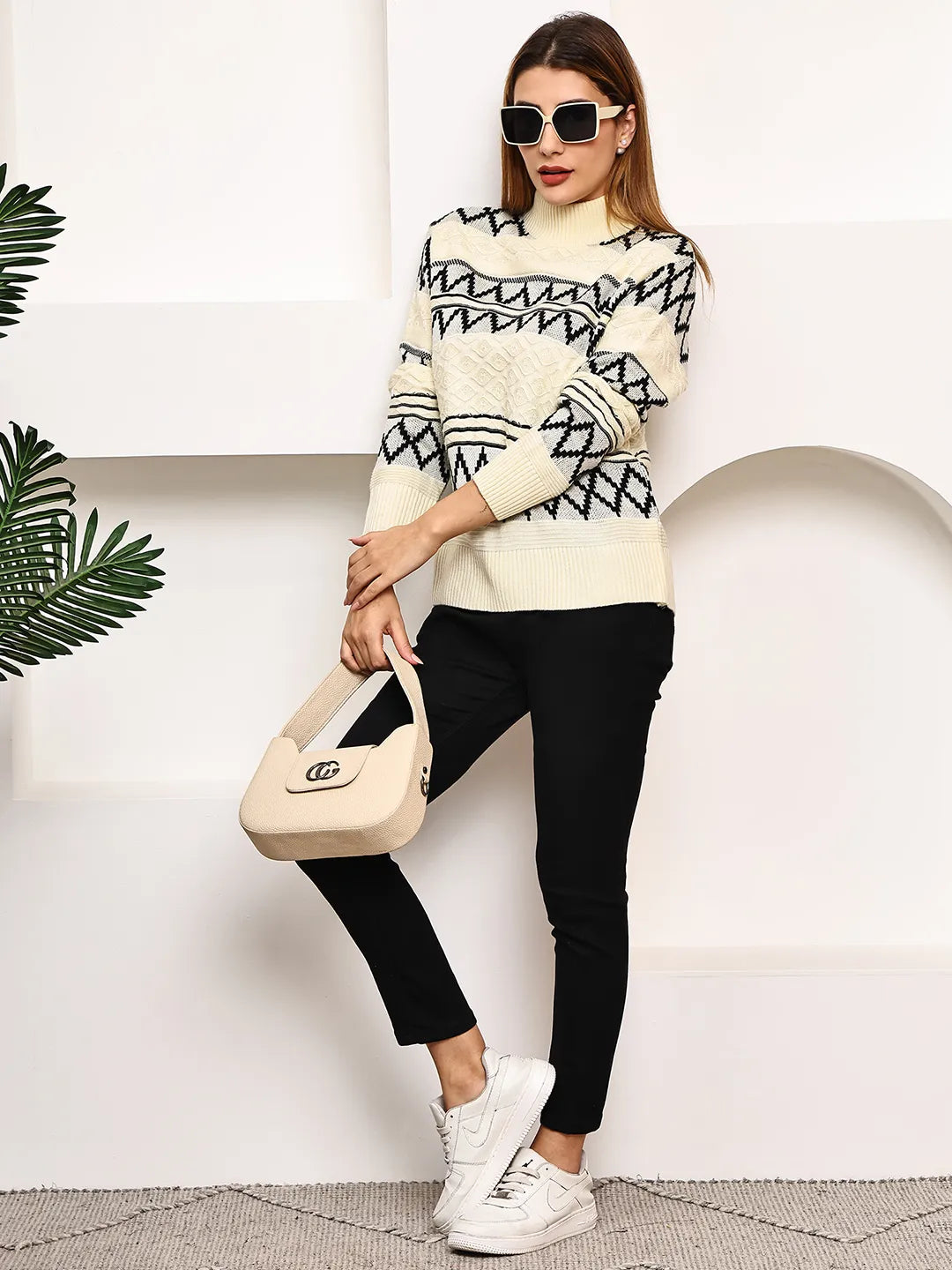 Ivory & Black Mock Neck Sweater for Women – Diamond Jacquard Knit