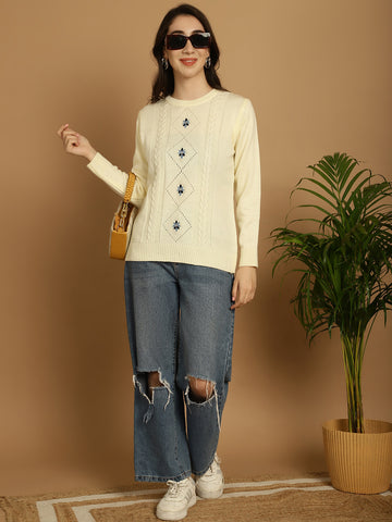 Ivory Cream Women Embroidered Relaxed Fit Top