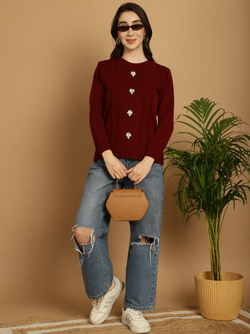 Maroon Women Embroidered Relaxed Fit Top