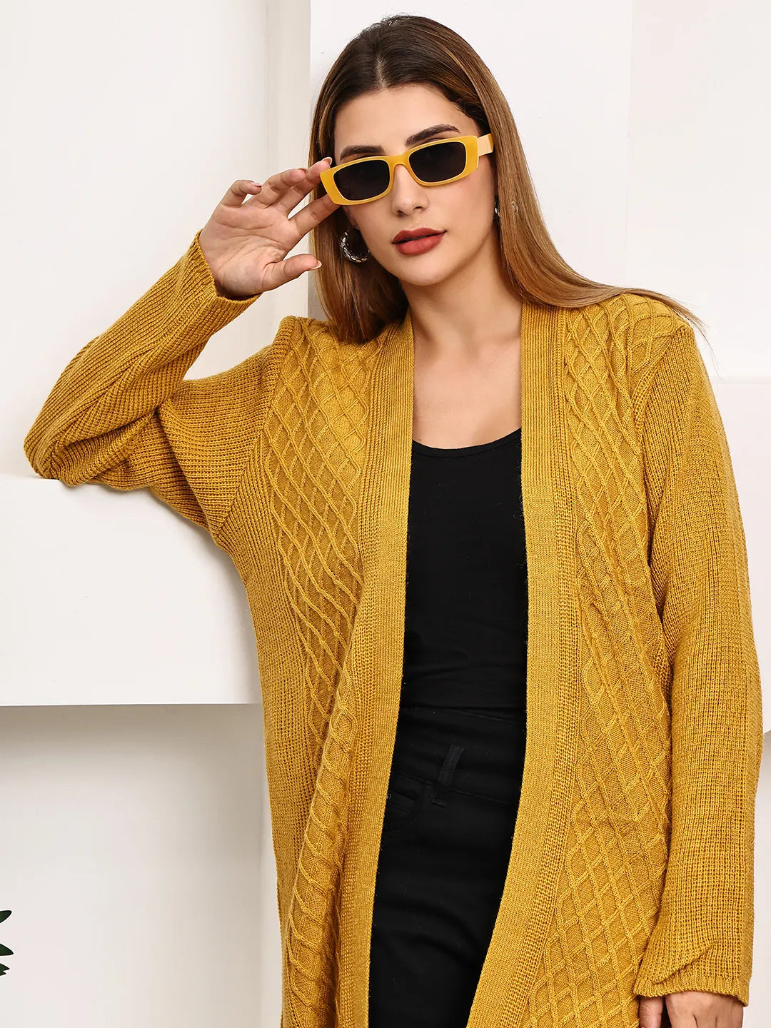 Mustard Cable-Knit Shrug for Women
