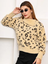 Beige Fuzzy Leopard Print Sweater Top for Women – Soft Acrylic Jacquard