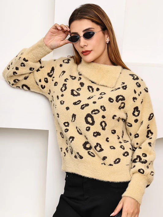 Beige Fuzzy Leopard Print Sweater Top for Women – Soft Acrylic Jacquard