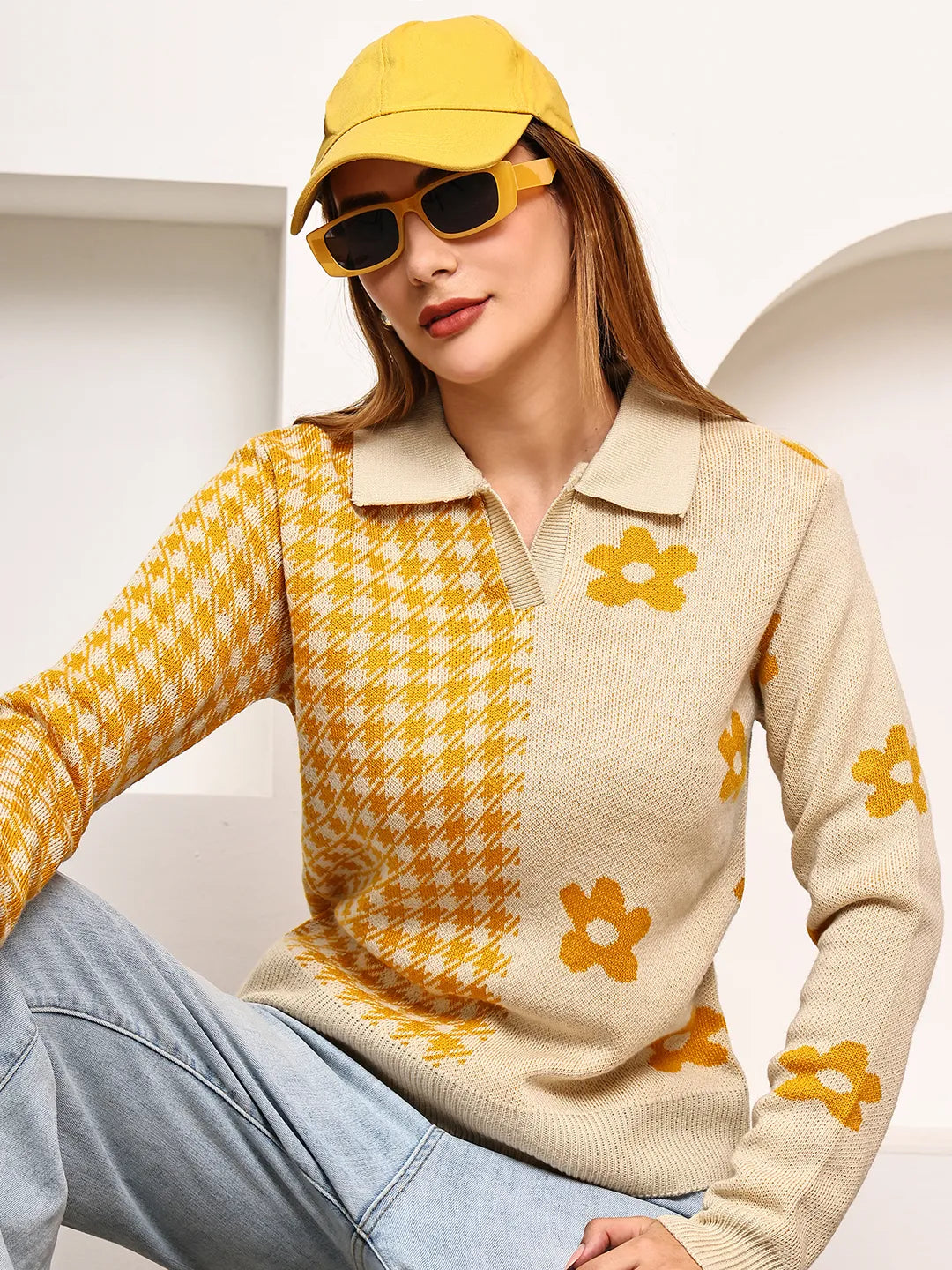 Beige & Mustard Floral Polo Sweater Top for Women – Jacquard Knit