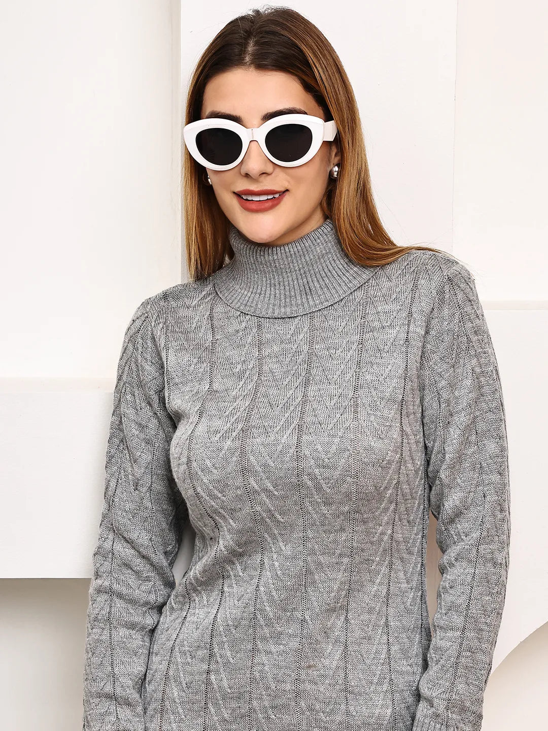 Grey Cable-Knit Turtleneck Sweater Dress