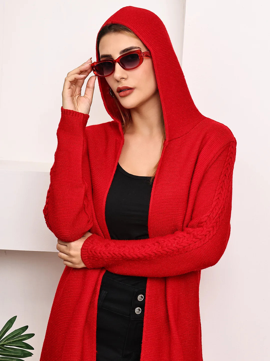 Red Cable-Knit Hoodie Shrug for Women