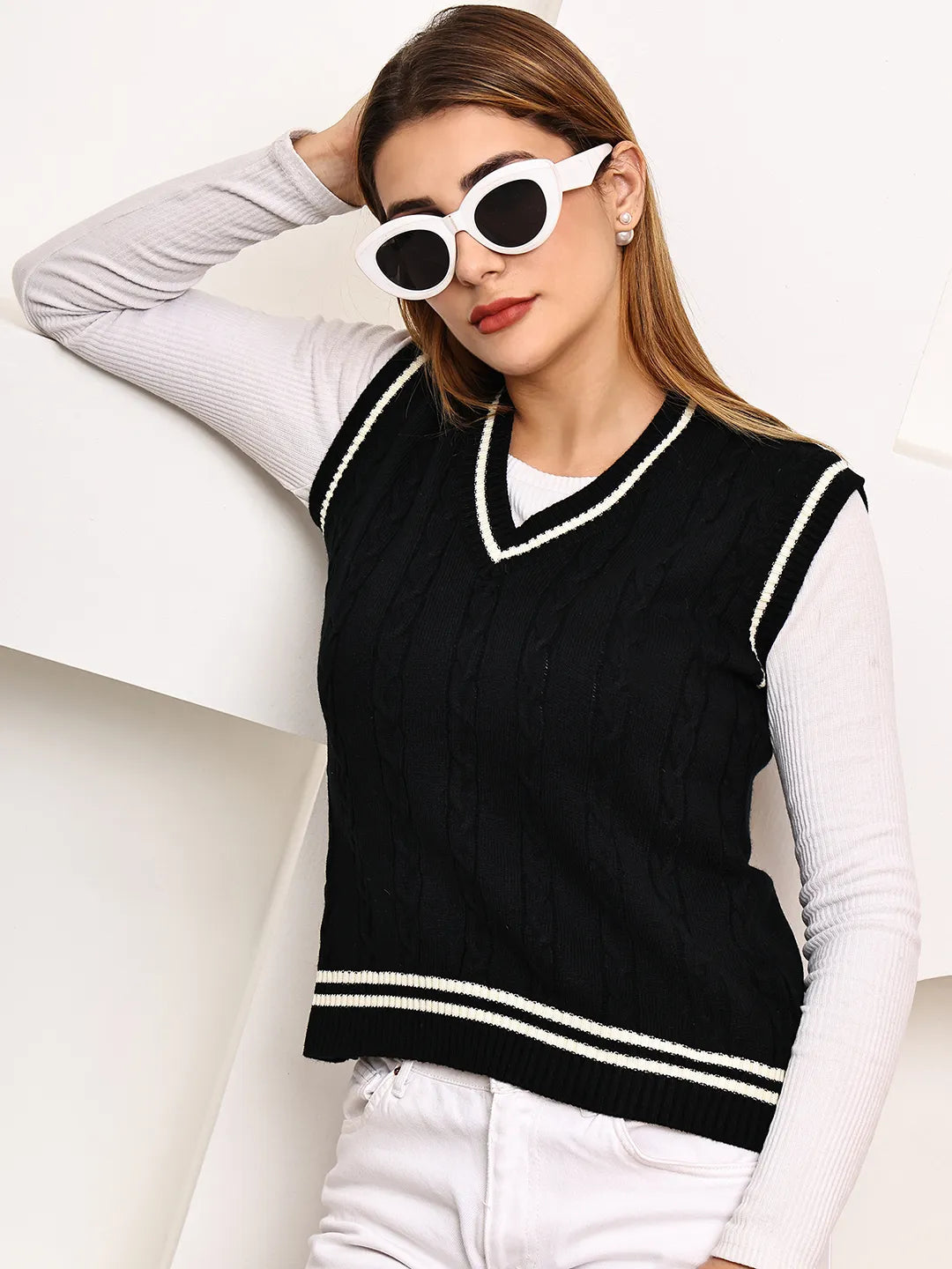 Black Cable-Knit Varsity Sleeveless