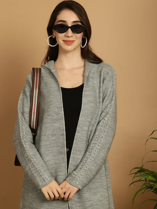 Heather Grey Cable-Knit Hoodie Shrug for Women