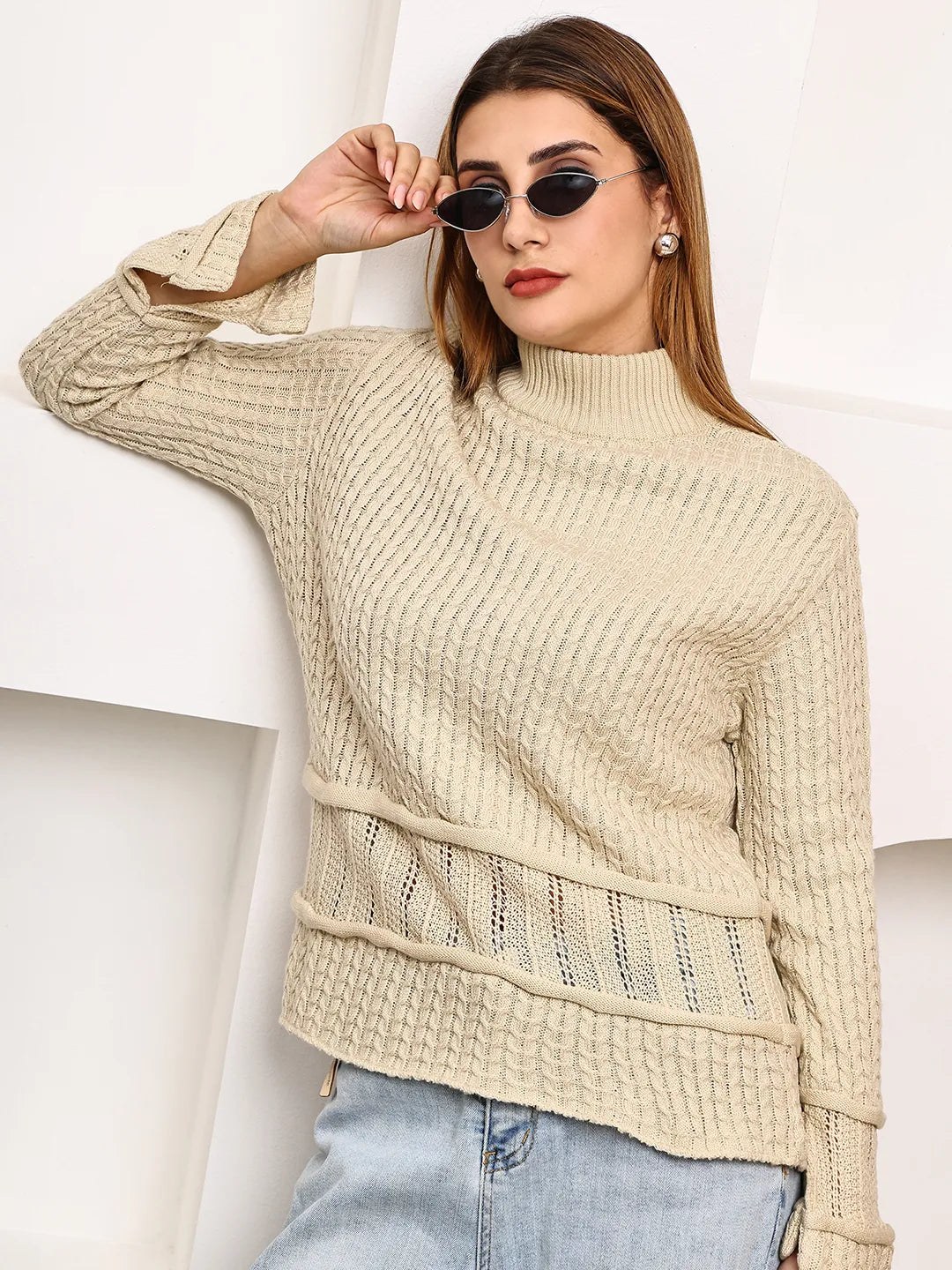 Cream High-Neck Cable Knit Sweater for Women – Soft Acrylic, Stylish Self-Design
