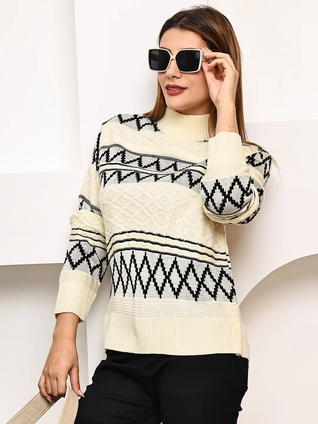 Ivory & Black Mock Neck Sweater for Women – Diamond Jacquard Knit
