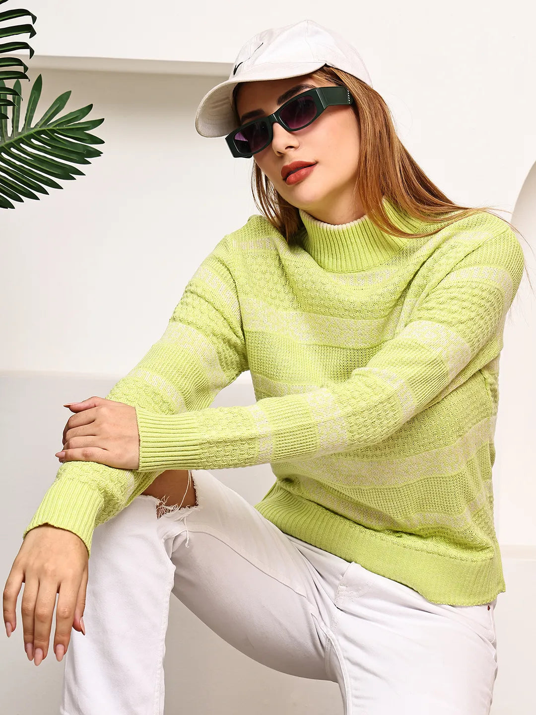 Lime Green Mock Neck Textured Knit Sweater for Women – Geometric Jacquard