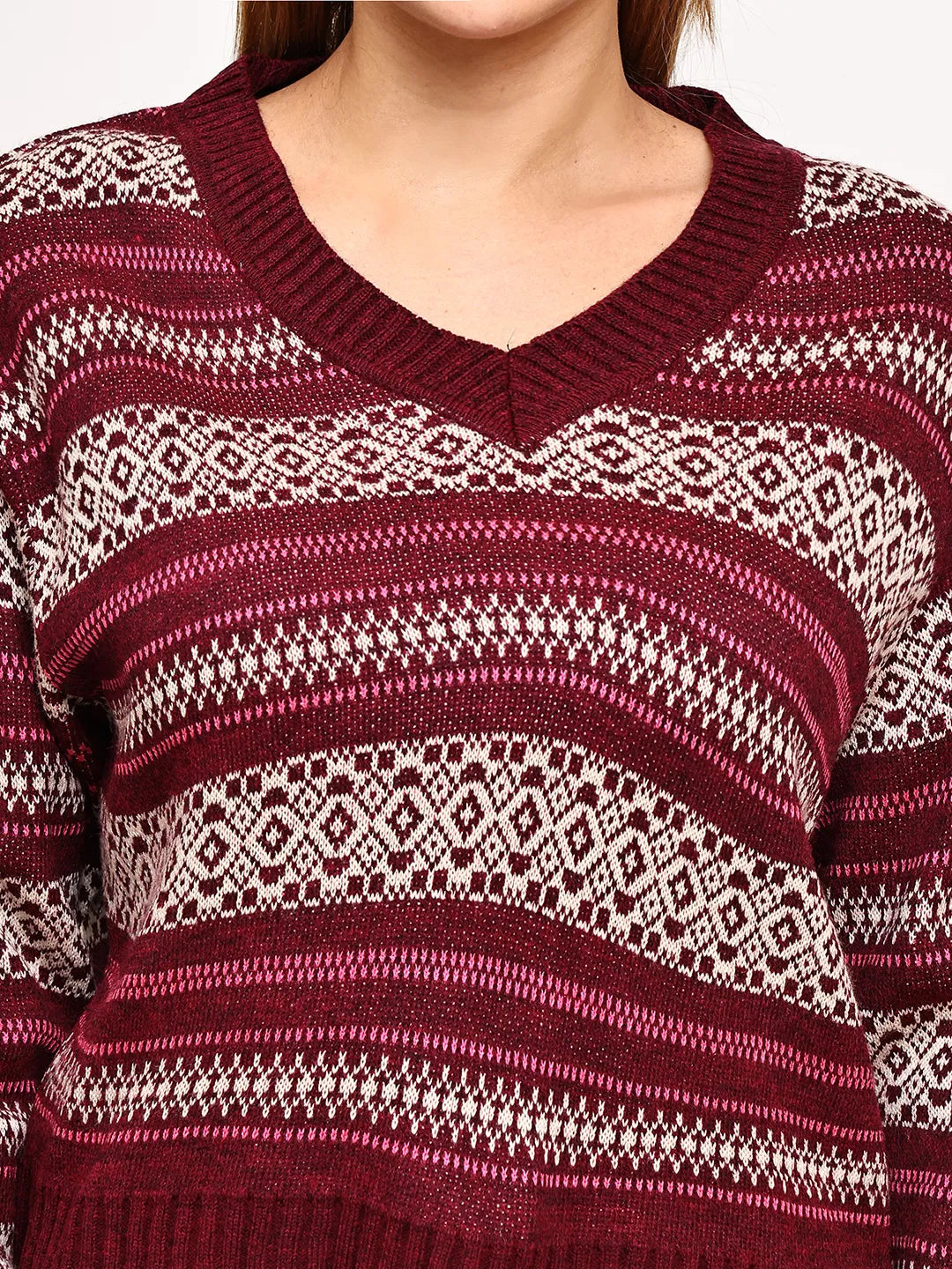 Maroon V-Neck Fair Isle Sweater for Women – Geometric Jacquard Knit