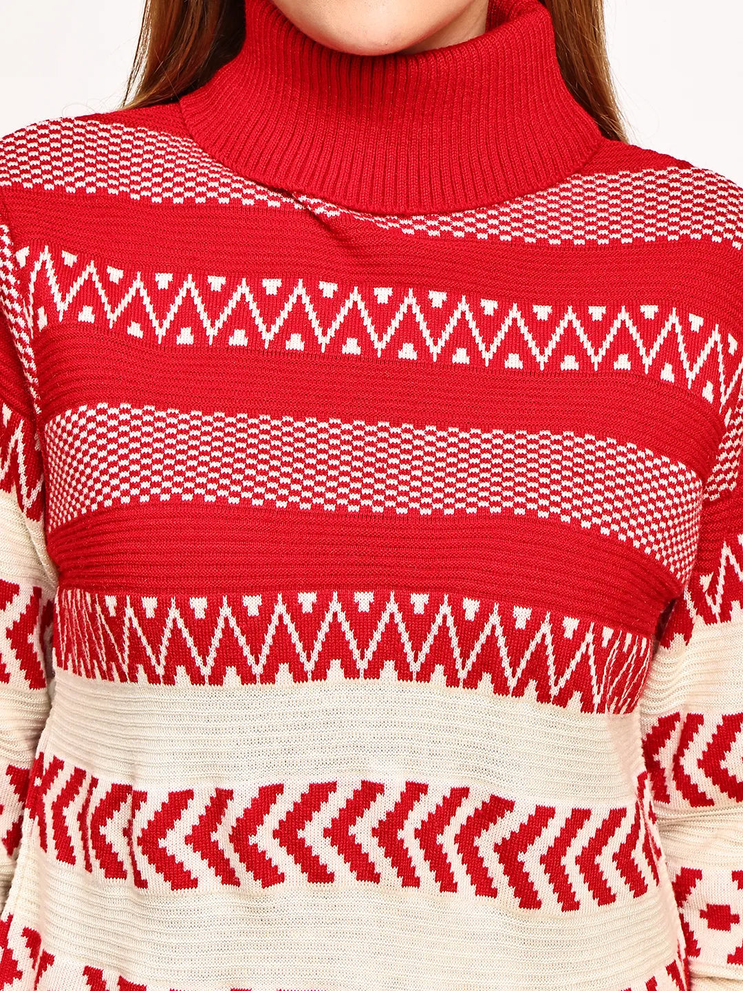 Red & Cream Graphic Patterned Turtleneck Sweater for Women – Geometric Jacquard