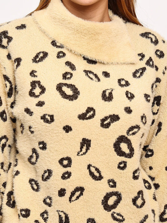 Beige Fuzzy Leopard Print Sweater Top for Women – Soft Acrylic Jacquard