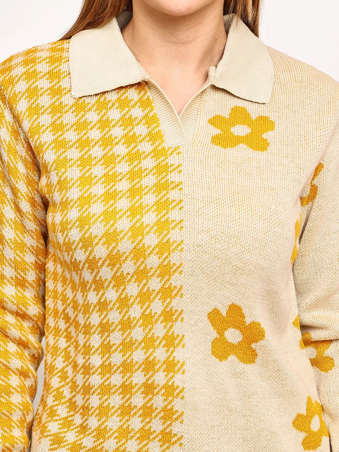 Beige & Mustard Floral Polo Sweater Top for Women – Jacquard Knit