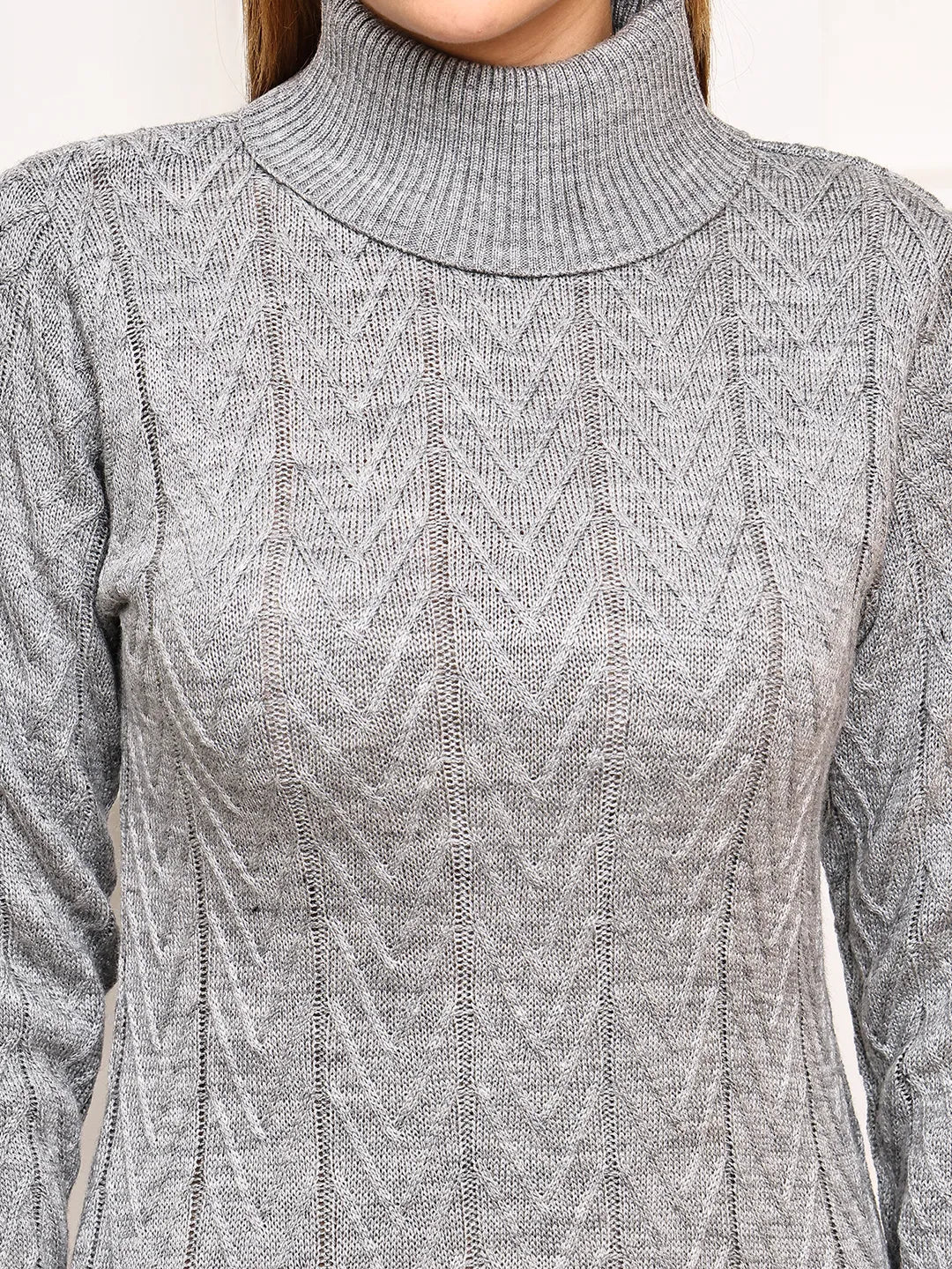 Grey Cable-Knit Turtleneck Sweater Dress