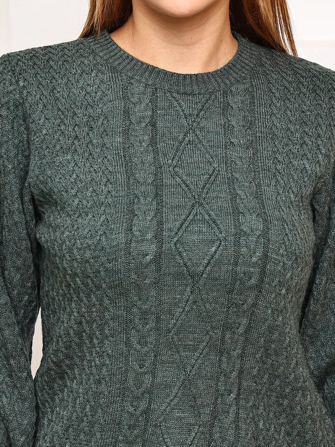 Dark Green Cable-Knit Round Neck Top