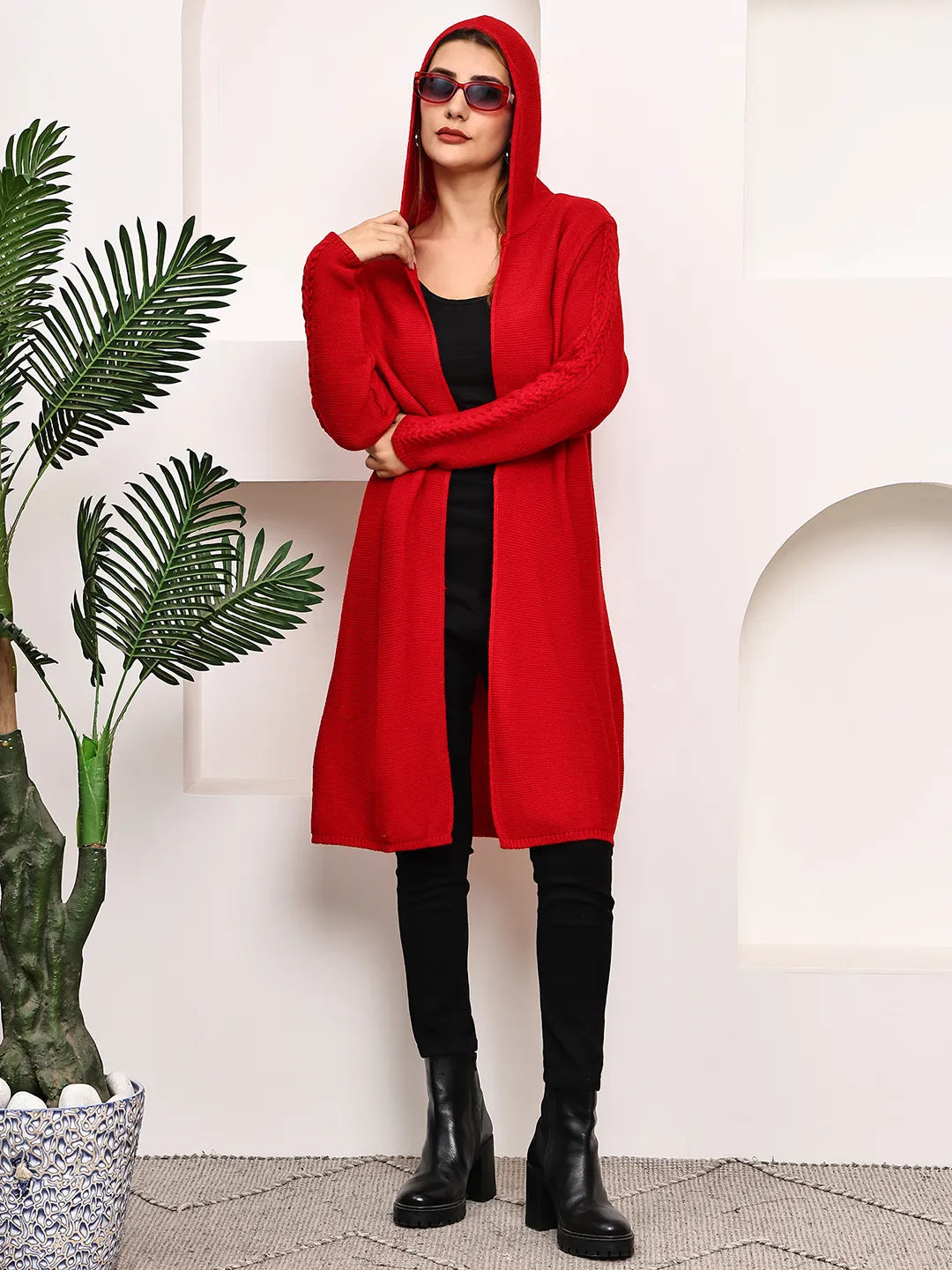 Red Cable-Knit Hoodie Shrug for Women