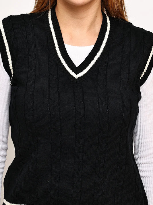 Black Cable-Knit Varsity Sleeveless