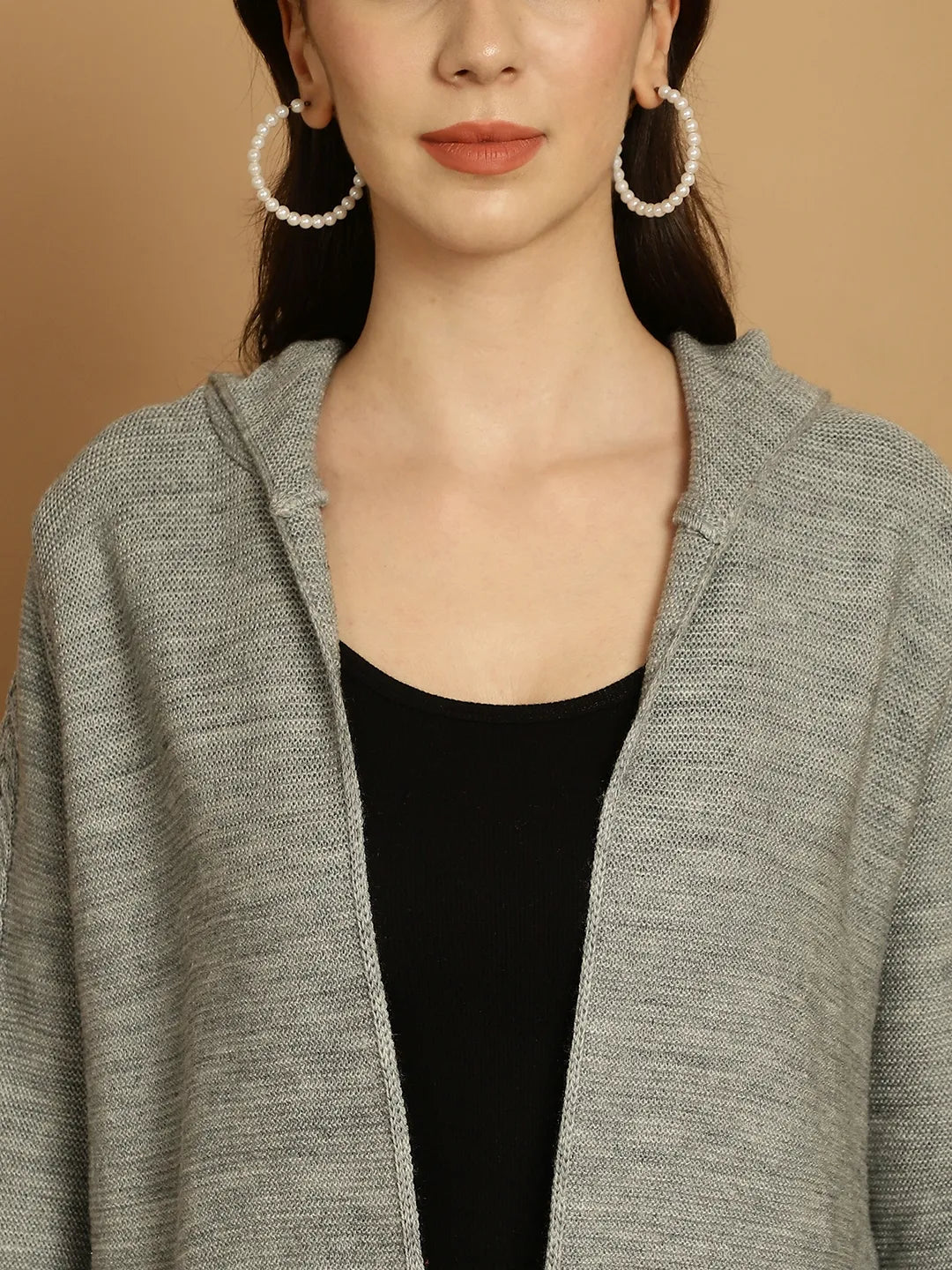 Heather Grey Cable-Knit Hoodie Shrug for Women