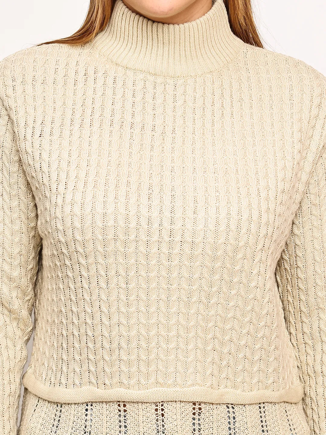 Cream High-Neck Cable Knit Sweater for Women – Soft Acrylic, Stylish Self-Design
