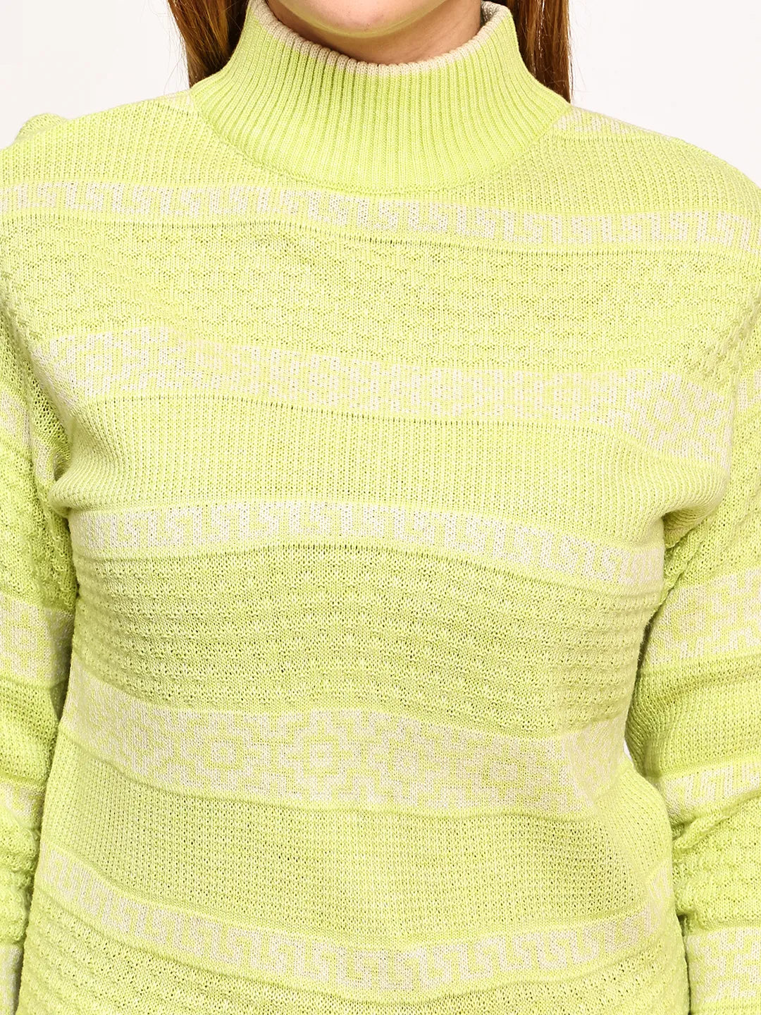 Lime Green Mock Neck Textured Knit Sweater for Women – Geometric Jacquard