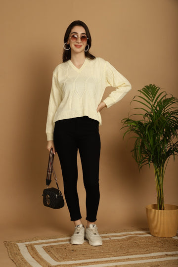 Elegant Cream Cable-Knit V-Neck Full Sleeve Top