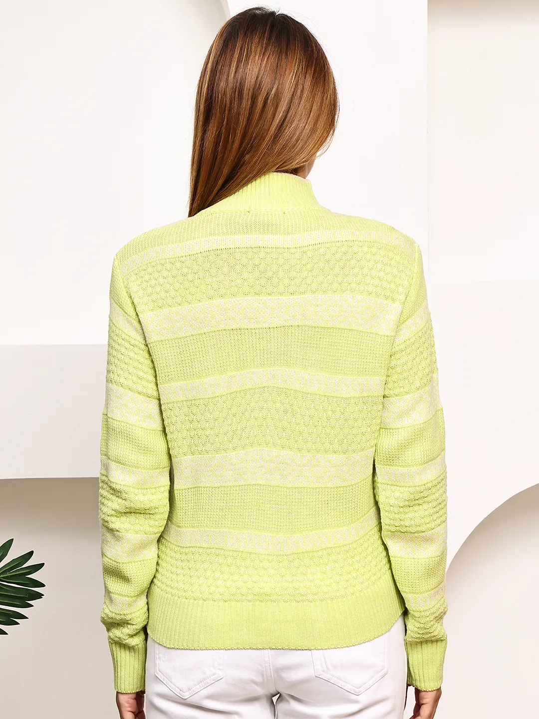Lime Green Mock Neck Textured Knit Sweater for Women – Geometric Jacquard - Image 3